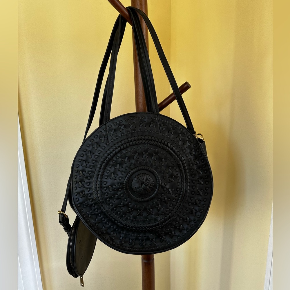 Black vegan leather circle bag